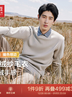 红豆假两件毛衣男冬季加绒保暖男士针织衫加厚衬衫领含羊毛毛衫预