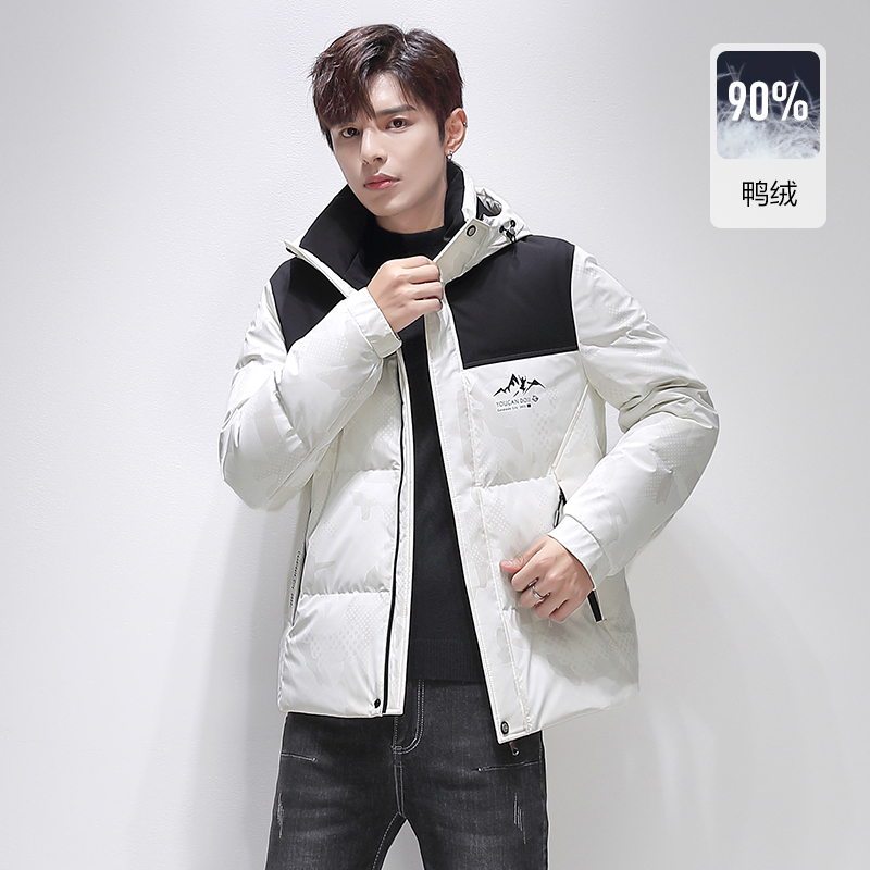 红豆男装连帽时尚印花羽绒服男士冬外套加厚保暖短款