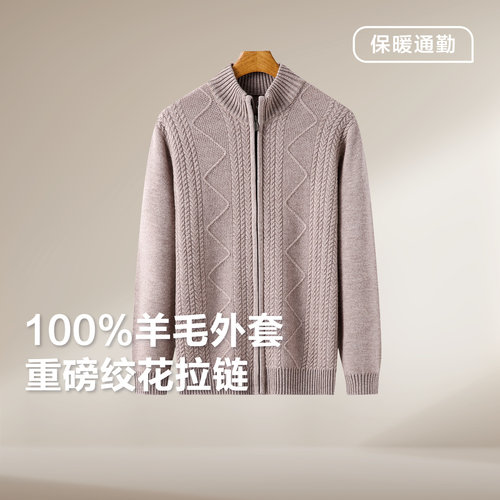 红豆男装100%绵羊毛拉链外套2026秋冬厚款保暖羊毛衫休闲针织衫
