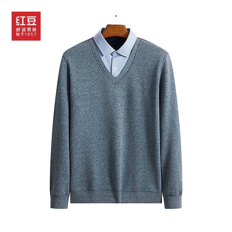 【雷明推荐】红豆男装针织衫中青年商务休闲百搭衬衫领保暖假两件