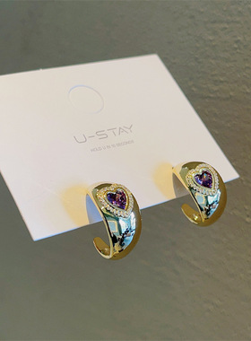 925银针微镶锆石紫色爱心C形圈耳环甜美春夏新款Ol风百搭耳饰品