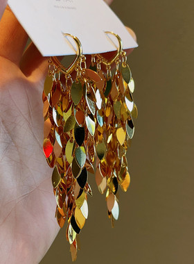 镀18K金防敏麦穗亮片长流苏耳扣轻奢气质高级感耳饰显瘦百搭超闪