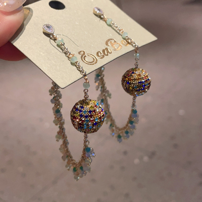 韩国东大门新款时尚彩色满钻爆闪球球女前后戴轻奢风耳坠