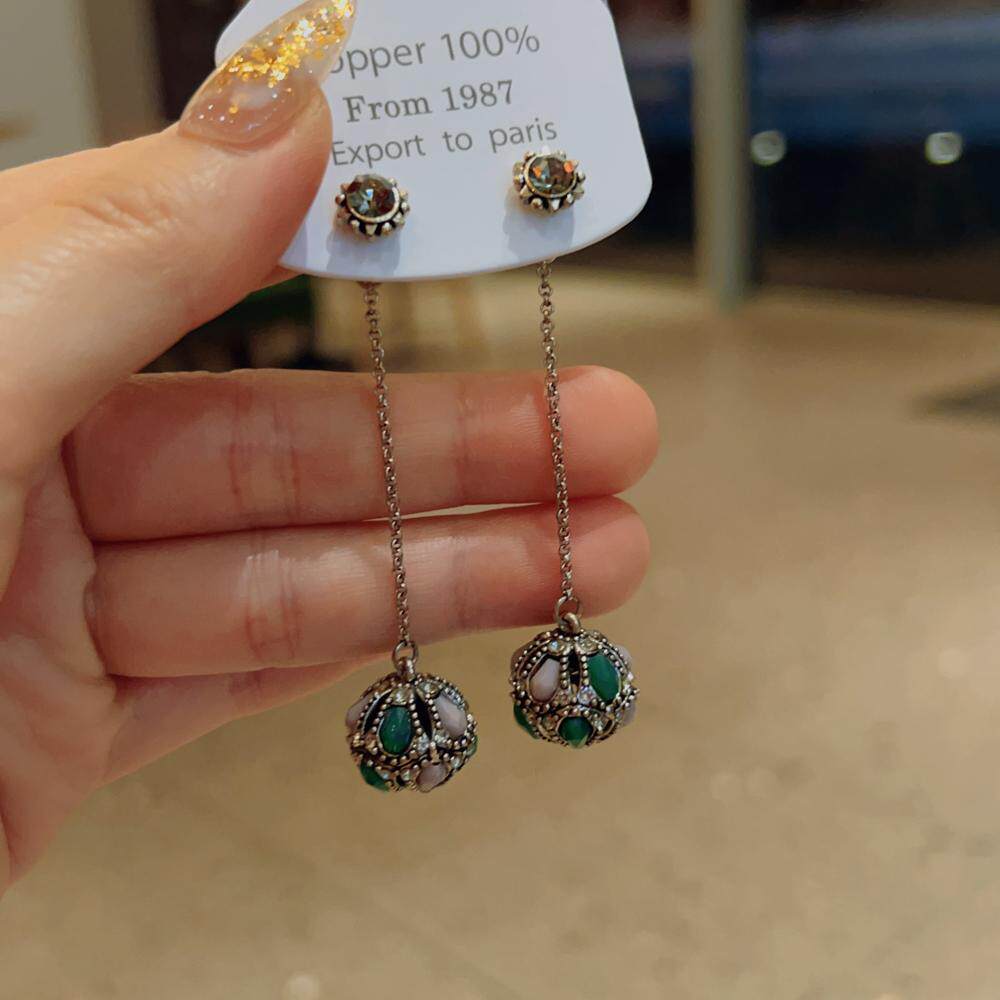 前后两戴复古满钻做旧长款两戴球球吊坠女小众高级感s925银针耳钉