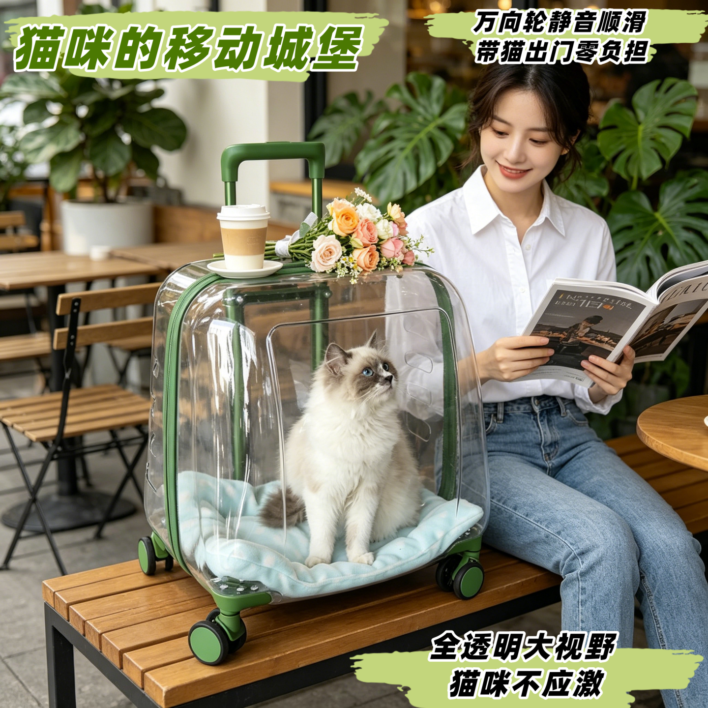 猫咪外出拉杆箱透明太空舱 静音万向轮透气大视野 带猫出门不费力