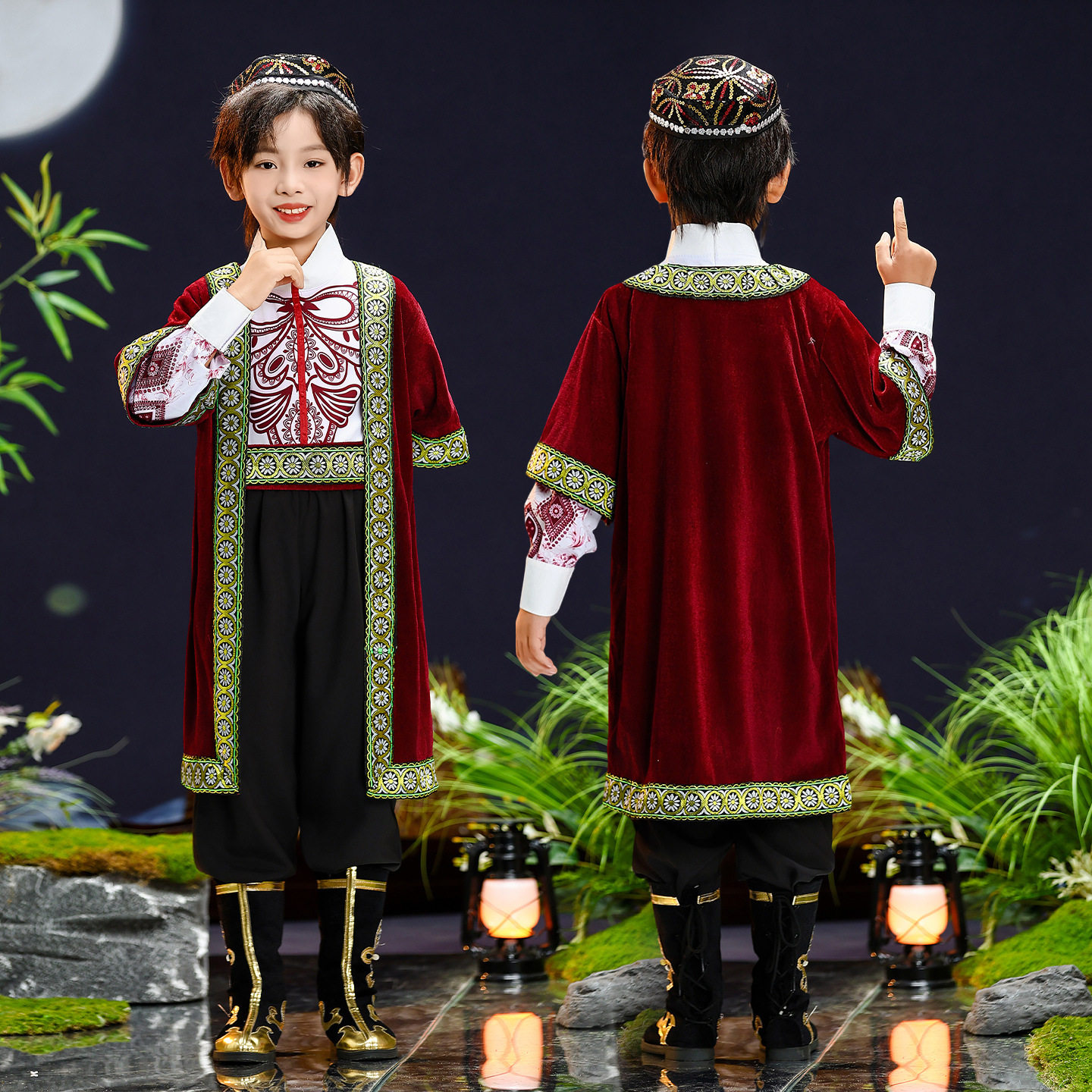 元旦儿童新疆维吾尔族服装男童少数民族舞演出服回族哈萨克族服饰