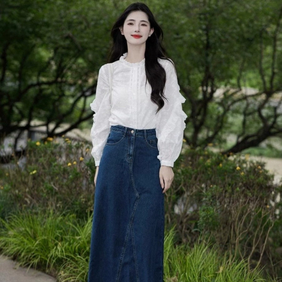 早秋穿搭套装2025小个子韩风chic森系穿搭白色衬衫牛仔半身裙运动