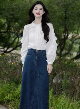 早秋穿搭套装2025小个子韩风chic森系穿搭白色衬衫牛仔半身裙运动