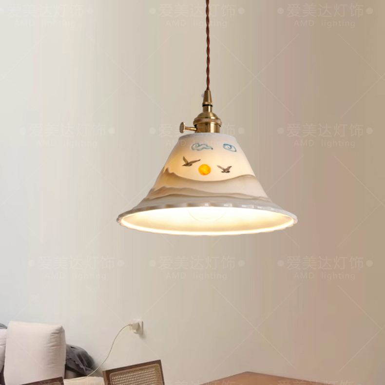 中古黄铜餐厅卧室床头玄关走廊橱窗群山叠影陶瓷胡桃木色民宿吊灯
