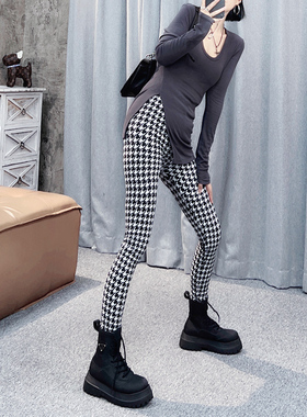 时尚女打底裤外穿黑白弹力裤加绒新款贴身格子显瘦高腰瑜伽裤长裤