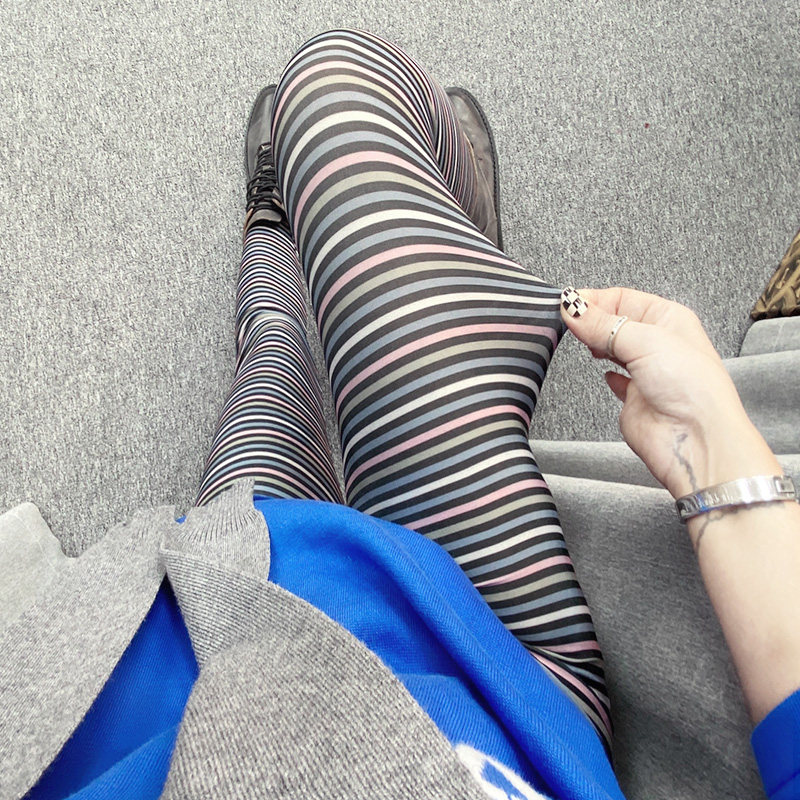 印花外穿打底裤女高腰弹力紧身裤薄款彩色细条纹显瘦瑜伽裤长裤子