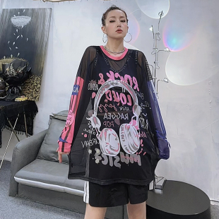 T恤防晒罩衫 女潮牌新款 薄款 打底衫 纱衣上衣t 大版 网纱宽松印花长袖