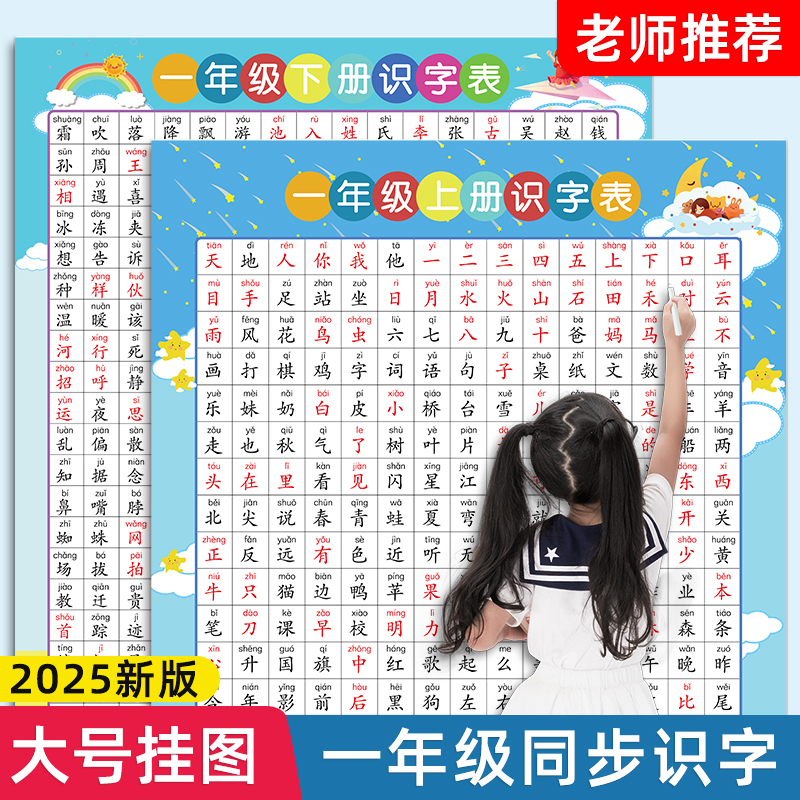一年级识字表常见字认读挂图数学语文题目认读识字儿童考试挂图