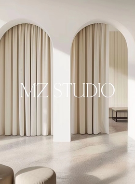 服装店试衣间门帘定制店铺弧形隔断帘米白色高级窗帘免打孔遮挡帘