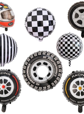 2024年新款轮胎气球黑白格赛车旗帜铝膜气球赛车主题装饰生日布置