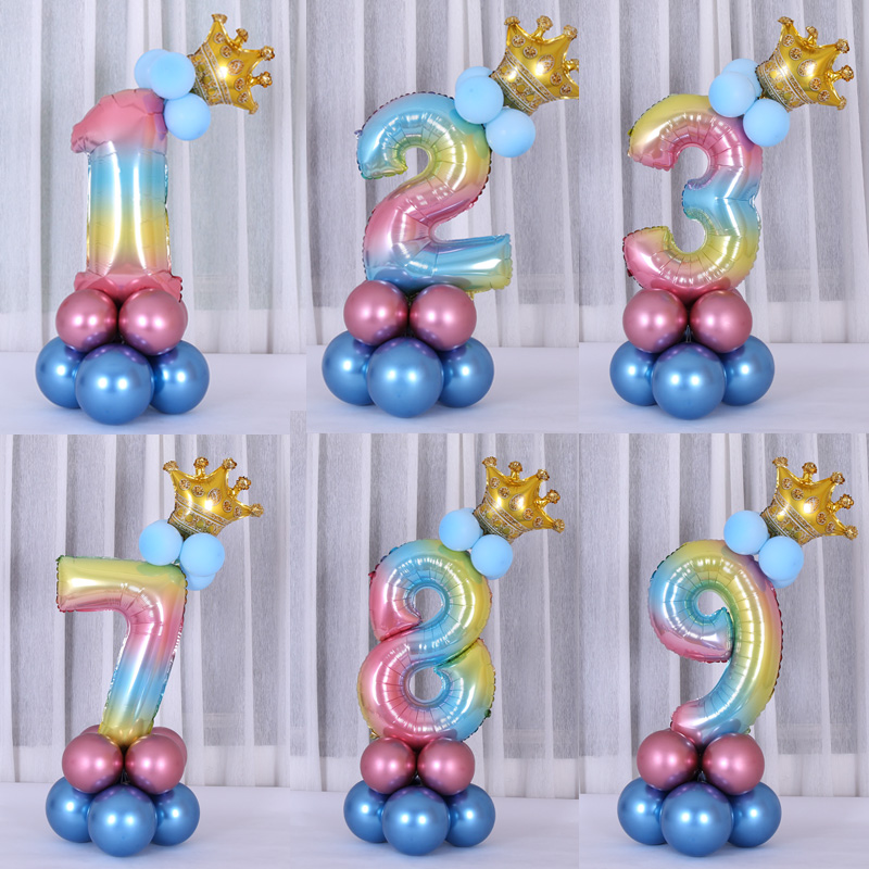 渐变数字皇冠立柱路引儿童生日派对布置宝宝百天周岁气球装饰品