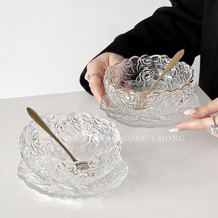高颜值玻璃玫瑰甜品碗碟套装精致银耳羹燕窝碗带勺糖水酸奶燕麦碗
