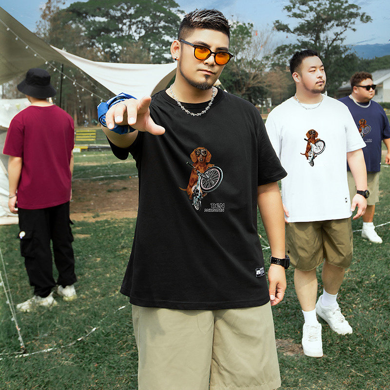 大码潮牌男装潮胖子加大码街头潮流字母撞色单车小狗印花短袖T恤