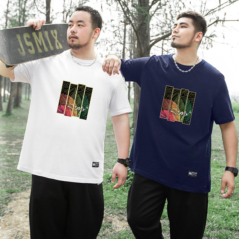大码潮牌男装加肥加大码时尚休闲风撞色叶片自然风景印花短袖T恤
