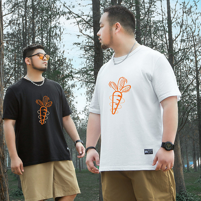 大码潮牌男装潮胖子加大街头休闲纯棉圆领镂空胡萝卜短袖印花T恤