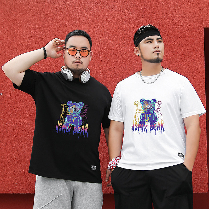大码潮牌男装宽松加大码街头潮流风撞色小熊卡通涂鸦短袖印花T恤