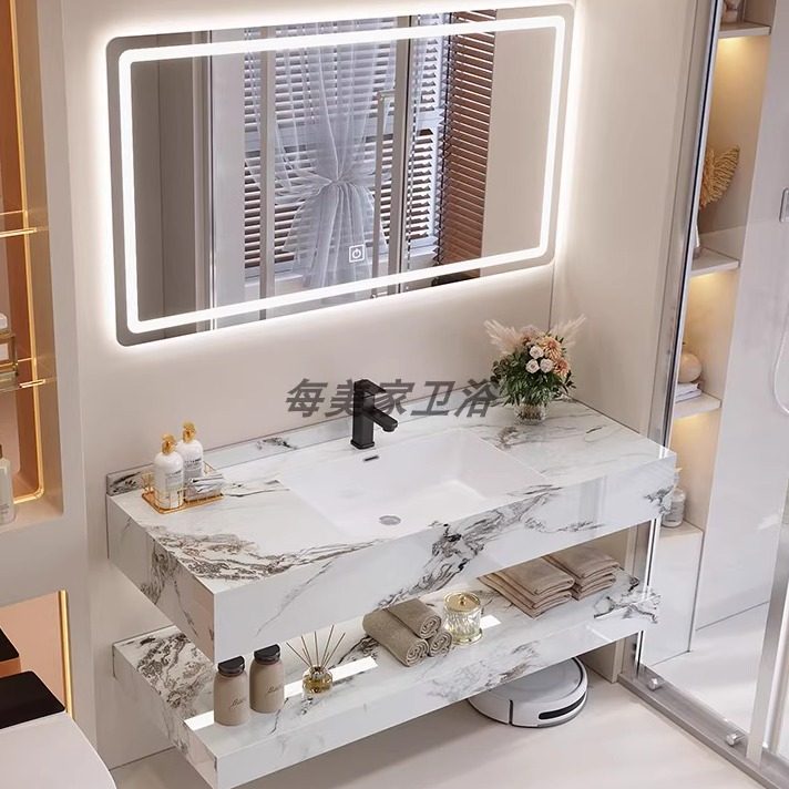 岩板陶瓷无缝一体洗手盆挂墙式浴室柜卫生间台盆组合洗脸盆柜组合