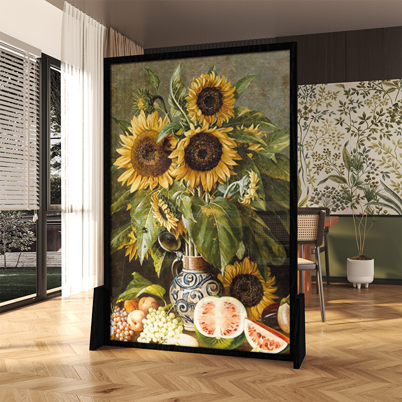 美式乡村简约现代实木静物花卉屏风隔断装饰客厅玄关艺术移动座屏