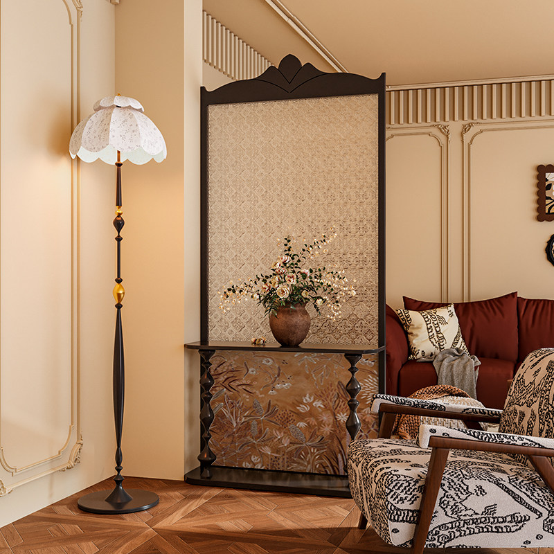 法式中古风海棠玻璃实木屏风隔断墙装饰客厅玄关艺术复古移动座屏