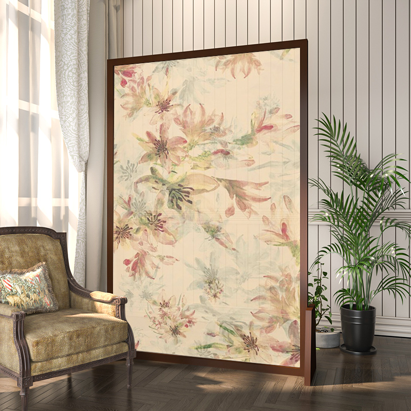 美式欧式实木屏风隔断装饰客厅玄关入户抽象艺术花卉移动定制座屏