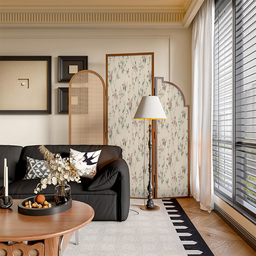 法式中古侘寂风花卉屏风隔断墙装饰客厅玄关实木藤编遮挡移动折屏