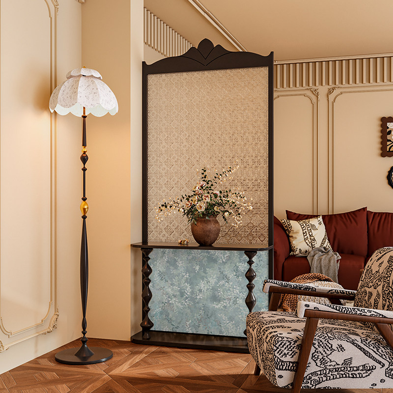 法式混搭风海棠玻璃实木屏风隔断墙客厅玄关小众民宿置物移动座屏