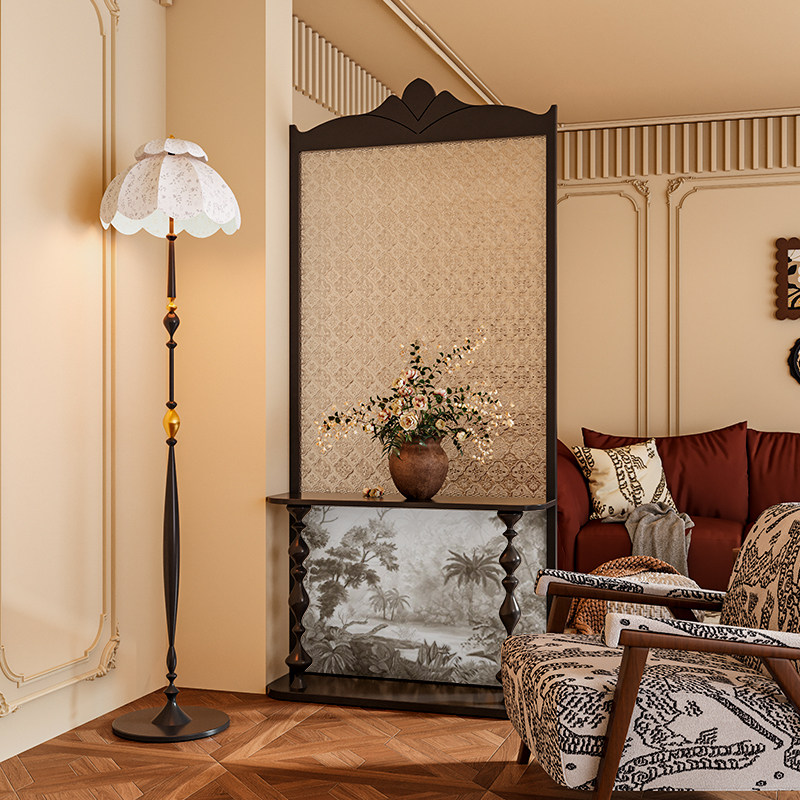 法式混搭风海棠玻璃实木屏风隔断墙装饰客厅玄关定制置物移动座屏