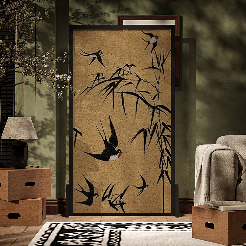 美式中古风艺术实木屏风隔断墙装饰客厅玄关小众抽象燕子移动座屏
