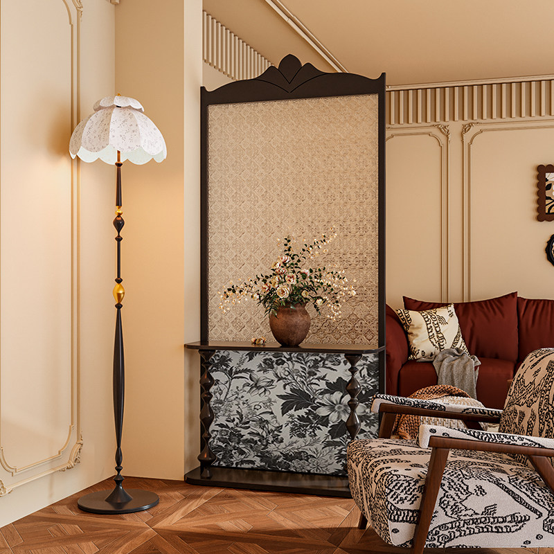 法式混搭风复古花卉海棠玻璃实木屏风隔断墙客厅玄关置物移动座屏