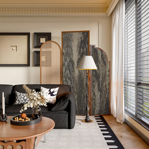 法式中古侘寂风实木藤编屏风隔断墙装饰客厅玄关小众复古移动折屏