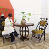 法式 复古实木榫卯圆桌老上海民国茶咖啡休闲桌中古小户型餐桌