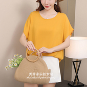 时尚 韩版 宽松大码 中短袖 胖mm人造棉上衣 棉绸t恤衫 外穿薄款 女夏季