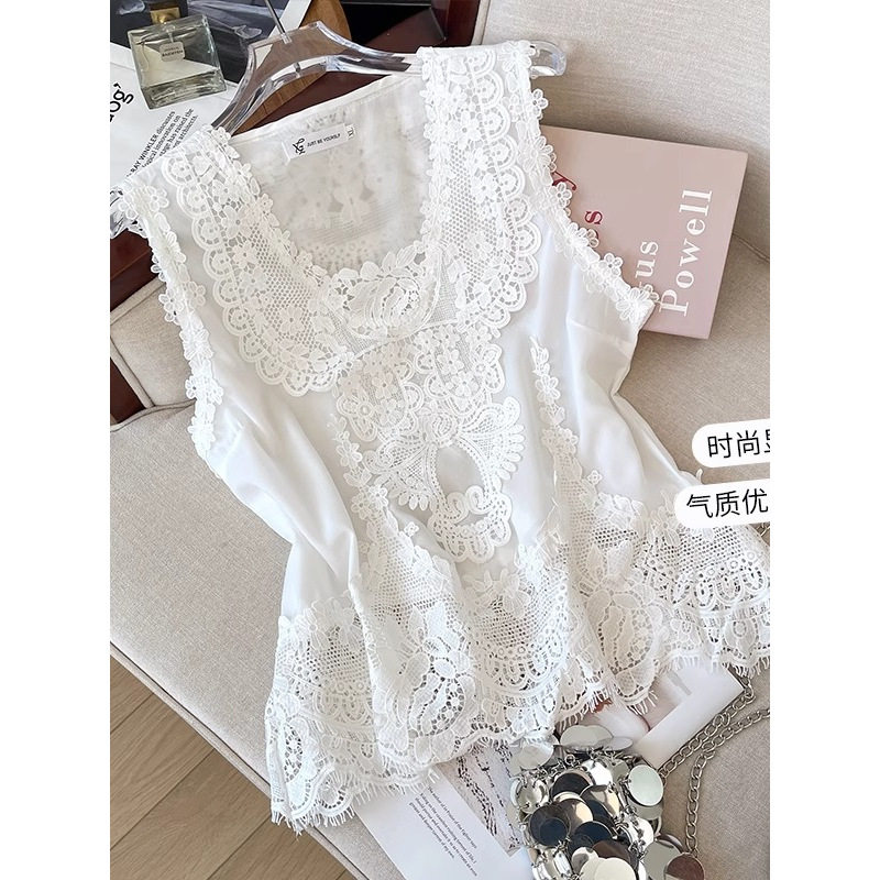 白色蕾丝拼接吊带背心女夏季外穿宽松大码显瘦叠穿无袖小衫上衣