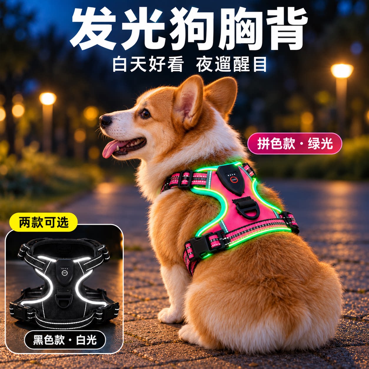 LED发光狗狗胸背带夜间遛狗反光