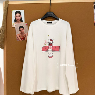 韩版 T恤女宽松慵懒风圆领甜美减龄百搭白色上衣 卡通KT猫印花长袖