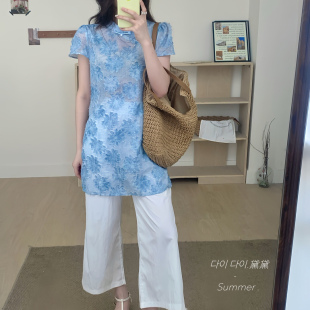 新中式国风套装女盘扣立领改良旗袍连衣裙+白色阔腿裤气质两件套
