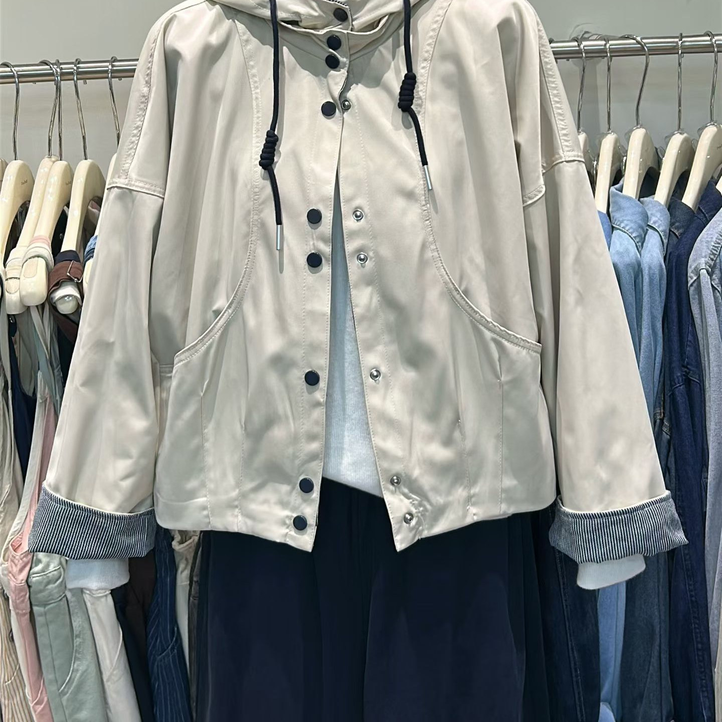DanDxH冬季撞色连帽牛仔外套女