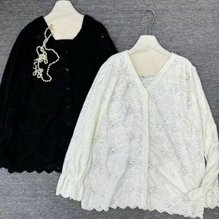 气质打底衫 韩版 镂空百搭宽松显瘦胖MM大码 女V领长袖 上衣 蕾丝开衫