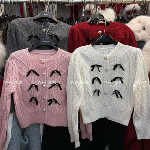 韩系甜美圆领蝴蝶结钉珠麻花毛衣女开衫 气质保暖小个子气质针织衫