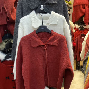 温柔韩系风翻领系带针织开衫 女新年氛围感宽松软糯毛茸茸气质外套