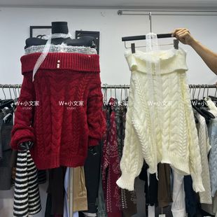 韩系ins一字肩毛领麻花纹毛衣女洋气蕾丝拼接氛围感露肩针织衫