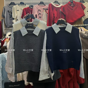 韩系ins学院风假两件条纹拼接衬衫 设计感上衣 毛衣女翻领针织衫