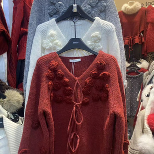 法式 女秋冬慵懒风显瘦高级感毛衣外套 复古立体花朵V领针织开衫