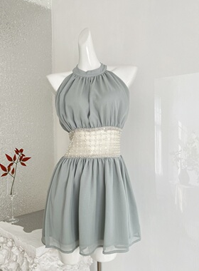 kubiliv海蓝碎珀重工挂脖挖肩纯欲氛围感手工钉珠收腰无袖连衣裙