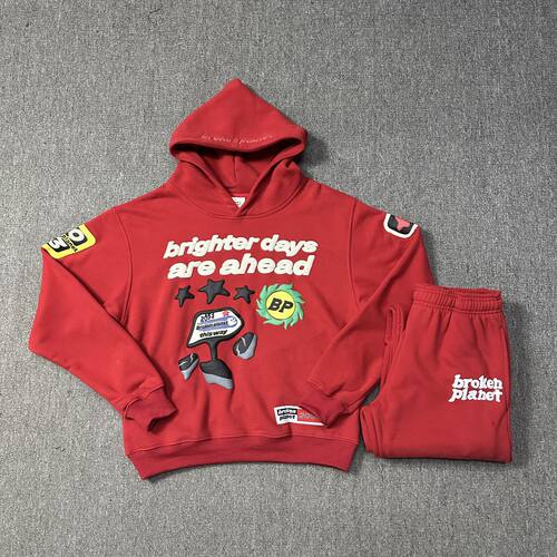 实拍现货跨境潮牌broken planet圣诞红加绒套头卫衣长裤套装